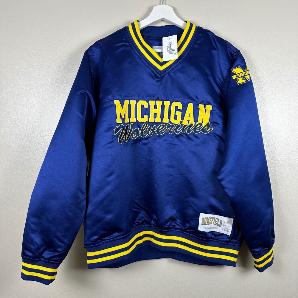 Homefield Mens M Michigan Wolverines Pullover Satin Navy Blue Retro Pullover NEW
